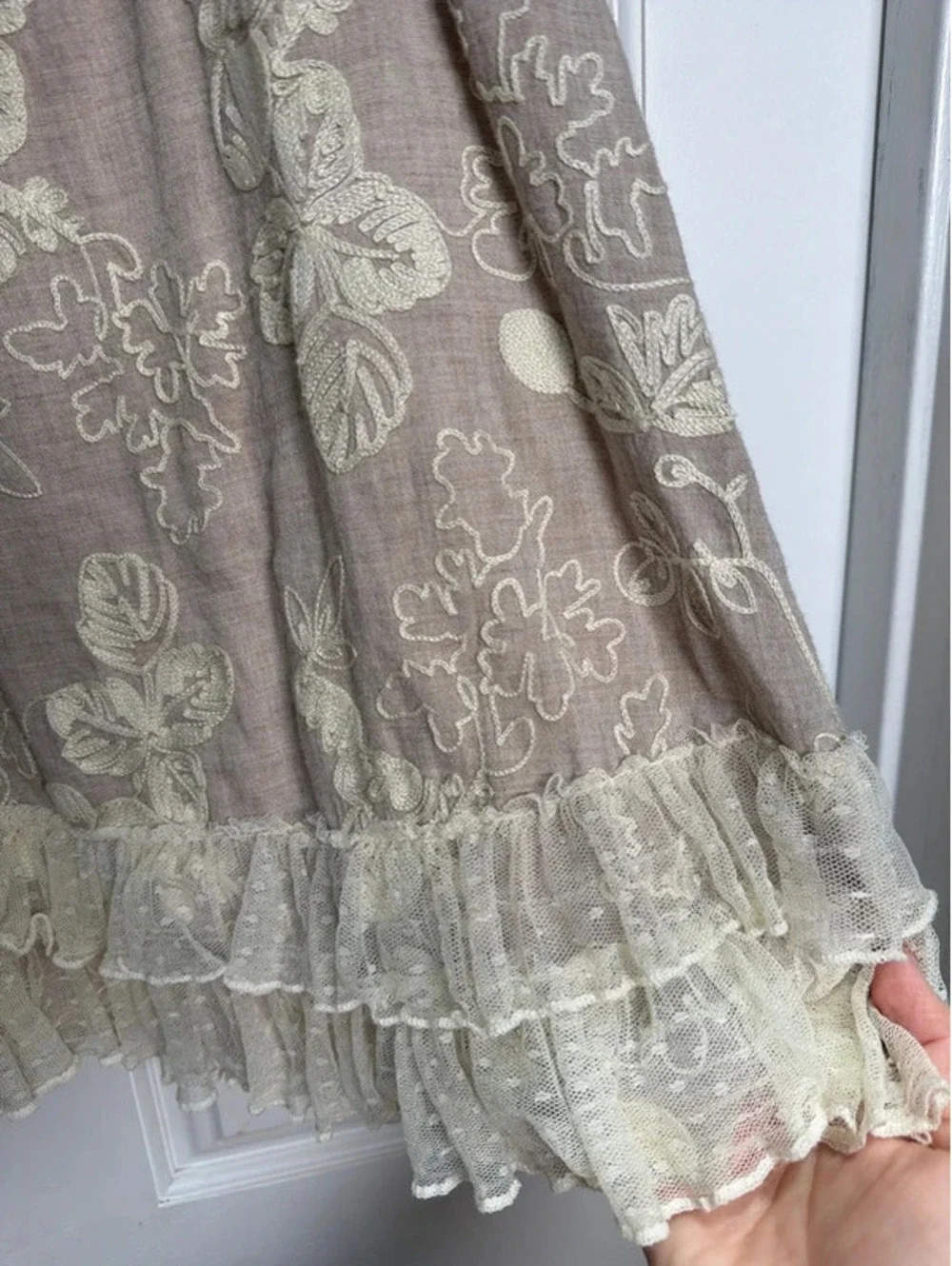 Boutique Boho Hippy Lace Floral Ruffle Embroidered Tan Cream Dress